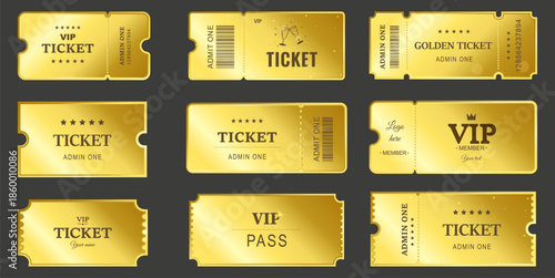 Set of golden VIP tickets and passes for events, concerts, or movies. Elegant vector templates with star ratings and barcodes. Ideal for premium access and celebrations.

