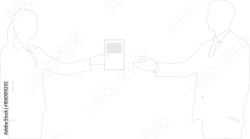 Business people exchange contract document line art vector illustration
