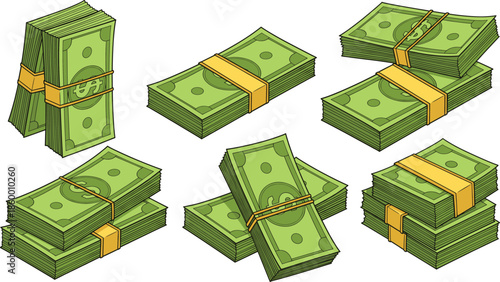 Cash money vector set with bundles of green dollar bank notes tied in rubber bands isolated on white background for financial design.