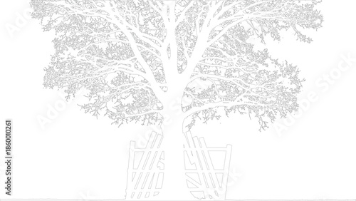 Intricate Outline Vector Illustration of Mature Tree Trunk and Canopy with Protective Guard