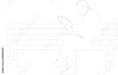 Vector outline drawing of a man sitting on a park bench reading a newspaper
