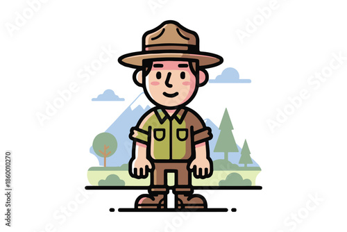 vector illustration of a cartoon cowboy character wearing a hat and holding a gun as a brave explorer or boy camper drawing