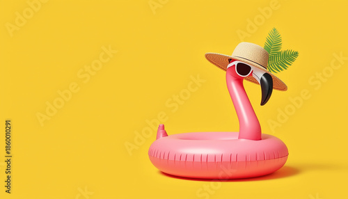 Tropical Flamingo Delight: An inflatable pink flamingo, stylishly adorned with sunglasses and a straw hat, embodies the essence of leisure against a vibrant yellow backdrop, promising pure fun.