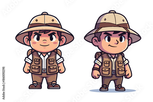 Vector illustration of a smiling boy and girl wearing hats and carrying bags as fun cartoon character children playing in a creative art style