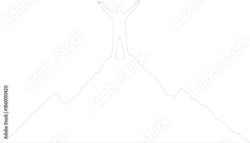 Minimalist outline of person standing on mountain top with arms raised vector illustration of success and victory