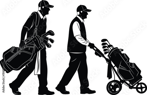 Golf walking silhouette, carrying golf bag, push cart vector, black illustration, course activity, sport transport, leisure scene