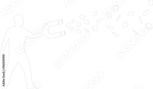 Man Silhouette Holding Magnet Attracting Coins Outline Vector Concept of Financial Success and Wealth Attraction