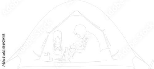 Person writing inside a tent with a lantern at night minimal outline vector illustration