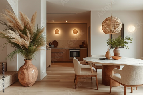 Interior Harmony: A stylish dining area and kitchen, bathed in warm, inviting light. A large vase of plants and a round table. Designed with simplicity.