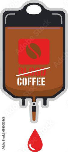 Coffee infusion IV bag flat vector illustration representing caffeine addiction and energy boost