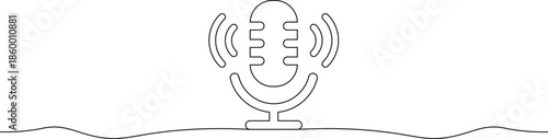 A simple line drawing of a microphone on a stand with sound waves emanating from it