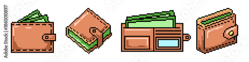 Set of pixel wallet vector for finance games. Ideal for money storage, payment icons, leather accessories, and retro economy items.