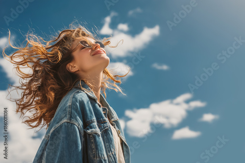 Young beautiful smiling woman in Denim Jacket with Windblown Hair Against Blue Sky with White Clouds. Copy space, aspect ratio 3:2