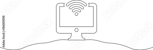A simple line drawing of a computer monitor with a WiFi signal emanating from it