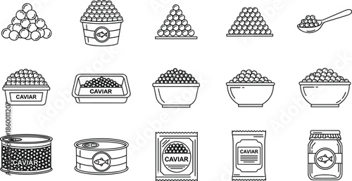 Collection of black line icons featuring caviar bowls, sturgeon roe packaging, gourmet fish eggs, luxury seafood tins, and glass jars