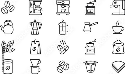 Coffee Brewing Icon Set Featuring Espresso Machine, Moka Pot, French Press, Grinder, Beans, Filter, Pour Over, and Professional Barista Equipment Collection