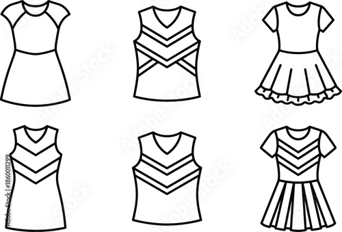 Collection of cheerleader uniform icons featuring sports dresses and skirts for team spirit dance squad apparel and athletic fashion design elements
