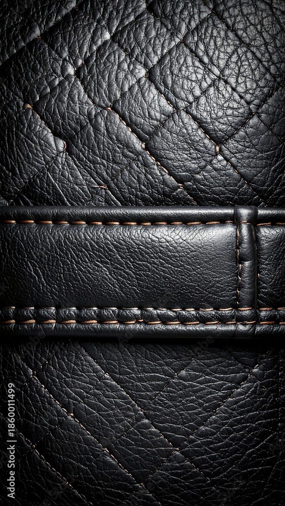 Fototapeta premium Close-up of black leather texture with stitched diamond pattern