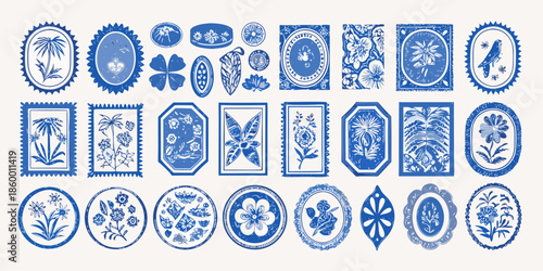 A collection of vintage blue and white patterned postage stamps arranged closely together