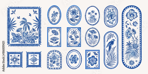 An assortment of vintage blue and white chinoiserie floral and botanical patterns