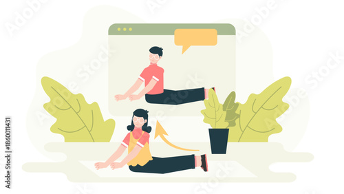 Online Yoga Therapist Leading a Chronic Pain Management Session. Flat Vector Illustration