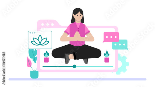 Online Yoga Therapist Leading a Chronic Pain Management Session. Flat Vector Illustration