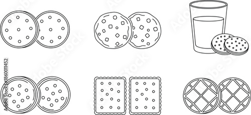 Collection of cookie line icons featuring chocolate chip cookies, sandwich biscuits, crackers, waffles, and a glass of milk for breakfast.