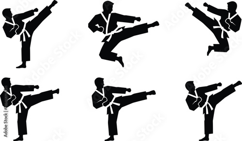 Collection of karate martial arts silhouettes featuring fighter icons in jumping and kicking poses for taekwondo judo sport club logos
