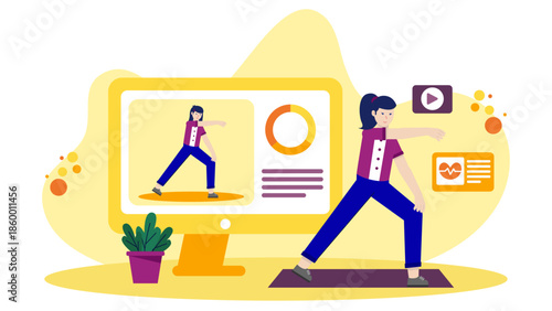 Online Yoga Therapist Leading a Chronic Pain Management Session. Flat Vector Illustration