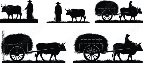 Ox cart silhouette vector, rural farming scene, traditional transport, hay cart, black illustration, agriculture labor, countryside draft animal