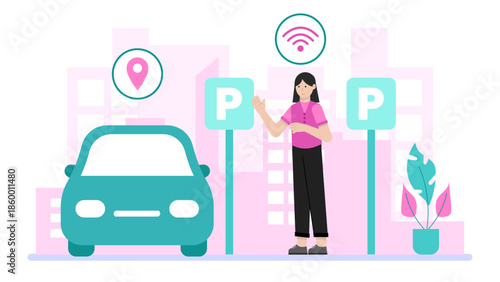 Smart City Implementing Smart Parking Solutions. Flat Vector Illustration