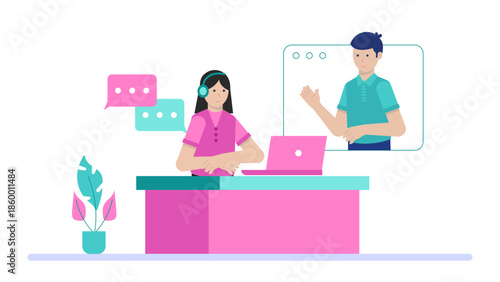 Online Speech Coach Preparing a Client for a TED Talk. Flat Vector Illustration
