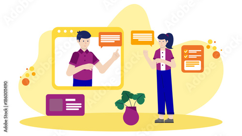 Online Speech Coach Preparing a Client for a TED Talk. Flat Vector Illustration