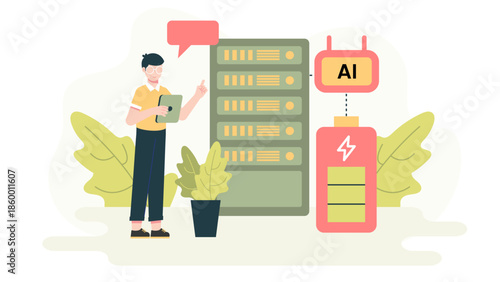 AI System Optimizing Energy Use in Data Centers. Flat Vector Illustration