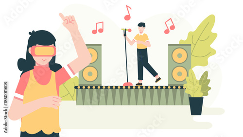 Virtual Reality Concerts for Homebound Audiences. Flat Vector Illustration