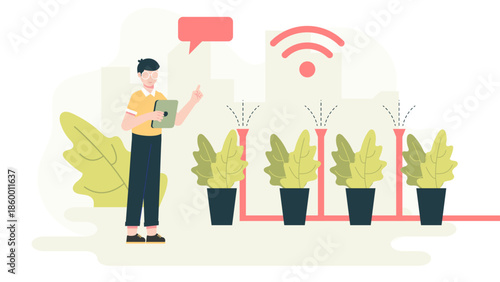 Smart Campus Using Smart Irrigation Systems. Flat Vector Illustration