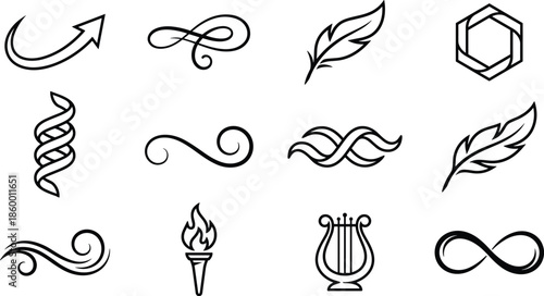 Collection of Minimalist Black Line Icons Featuring Elegant Swirls Decorative Flourishes Infinity Symbols Quill Feathers Lyre Torch Arrow and Geometric Shapes