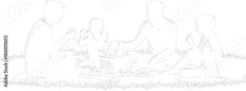 Family enjoying an outdoor picnic meal line art vector illustration on grass