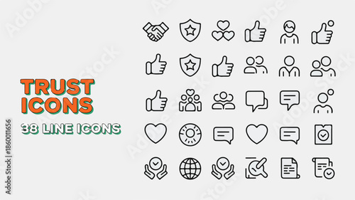 A collection of line art icons featuring trust symbols and social media elements in a grid layout