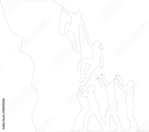 Outline illustration of climbers helping each other ascend a cliff face symbolizing teamwork success and achieving goals