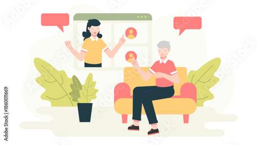 Online Support Group for Caregivers. Flat Vector Illustration