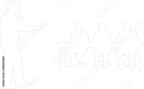 Outline Vector Graphic of Speaker Addressing a Panel Discussion Team at a Corporate Event Table