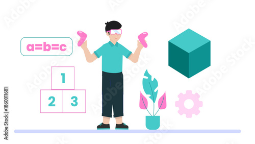 VR Used for Autism Spectrum Social Skills Training. Flat Vector Illustration