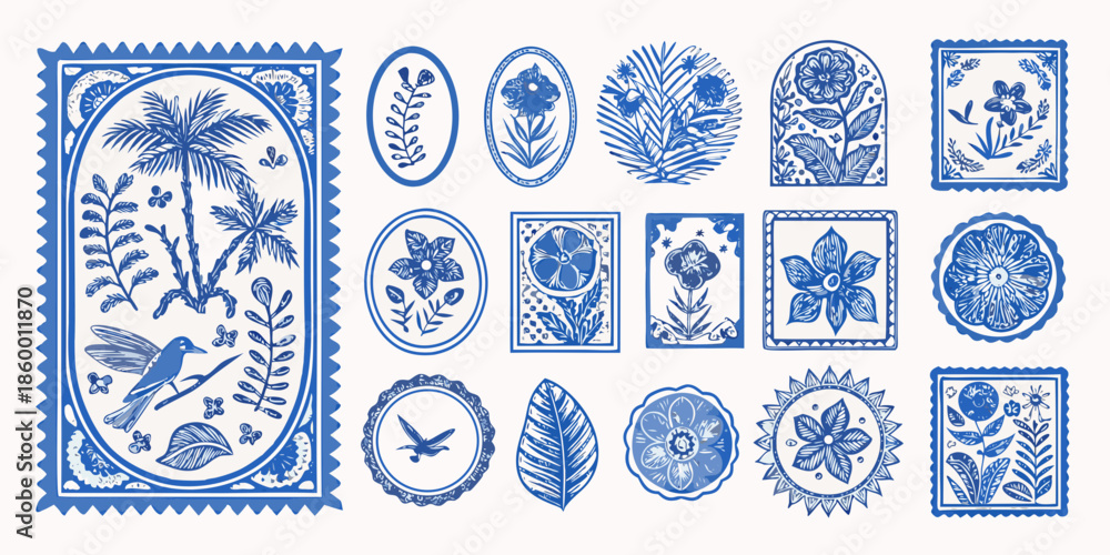 Φωτογραφία A collection of vintage blue and white floral and botanical postage stamps
