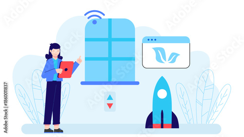 Green Tech Startup Creating Smart Window Systems. Flat Vector Illustration