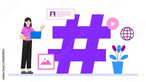 Social Media Team Managing a Viral Hashtag Campaign. Flat Vector Illustration