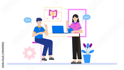 Telehealth Gastroenterologist Reviewing Digital Scans. Flat Vector Illustration