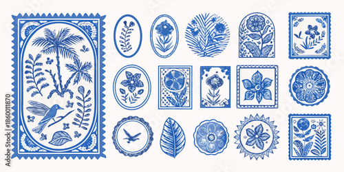 A collection of vintage blue and white floral and botanical postage stamps