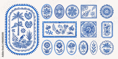 An assortment of vintage blue and white porcelain decorative plates and frames