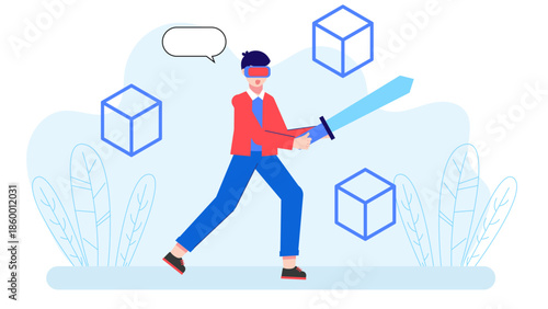 Virtual Reality Recreating Historical Battlefields. Flat Vector Illustration